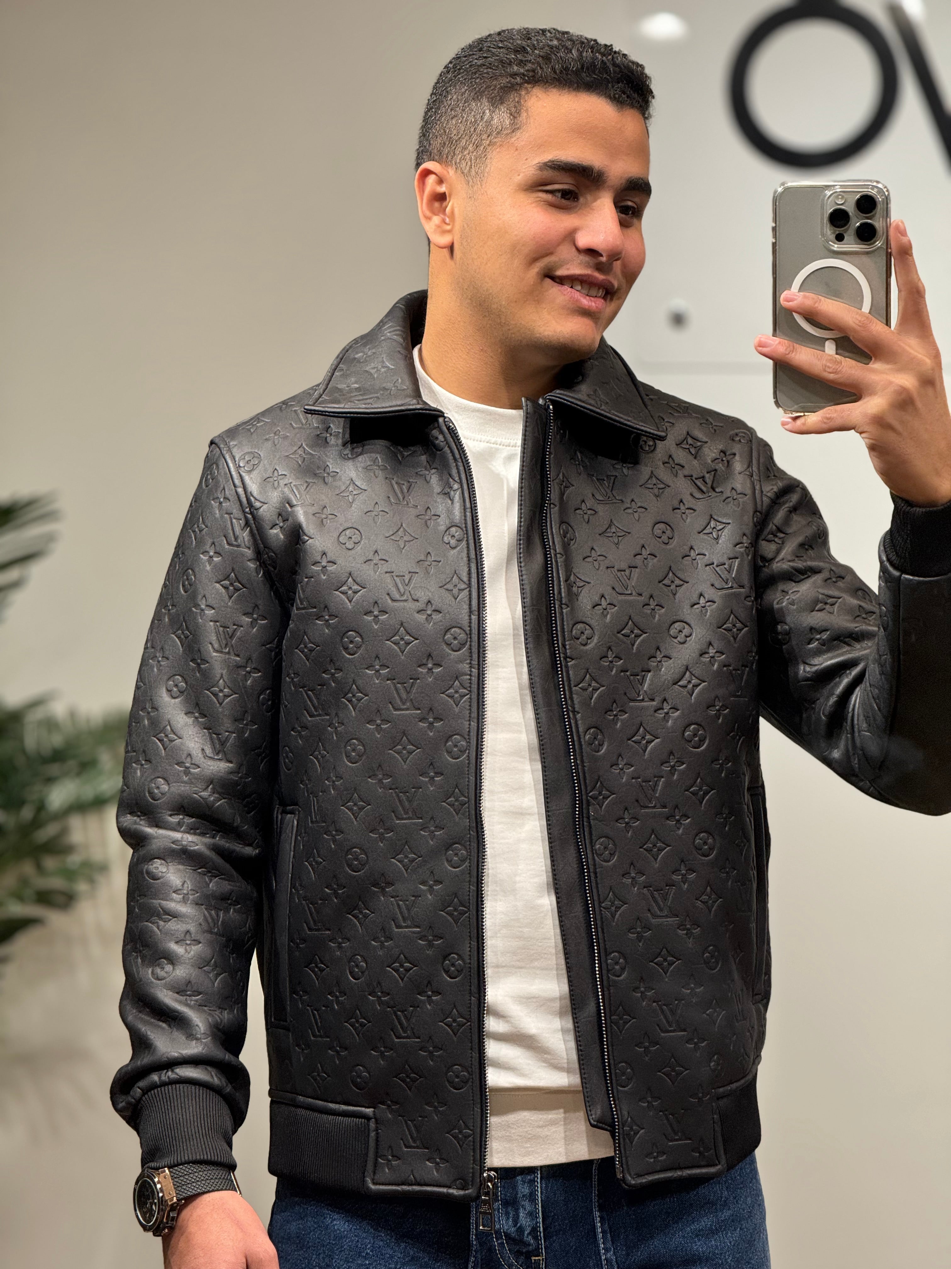 Men’s Black Embossed Leather LV Jacket