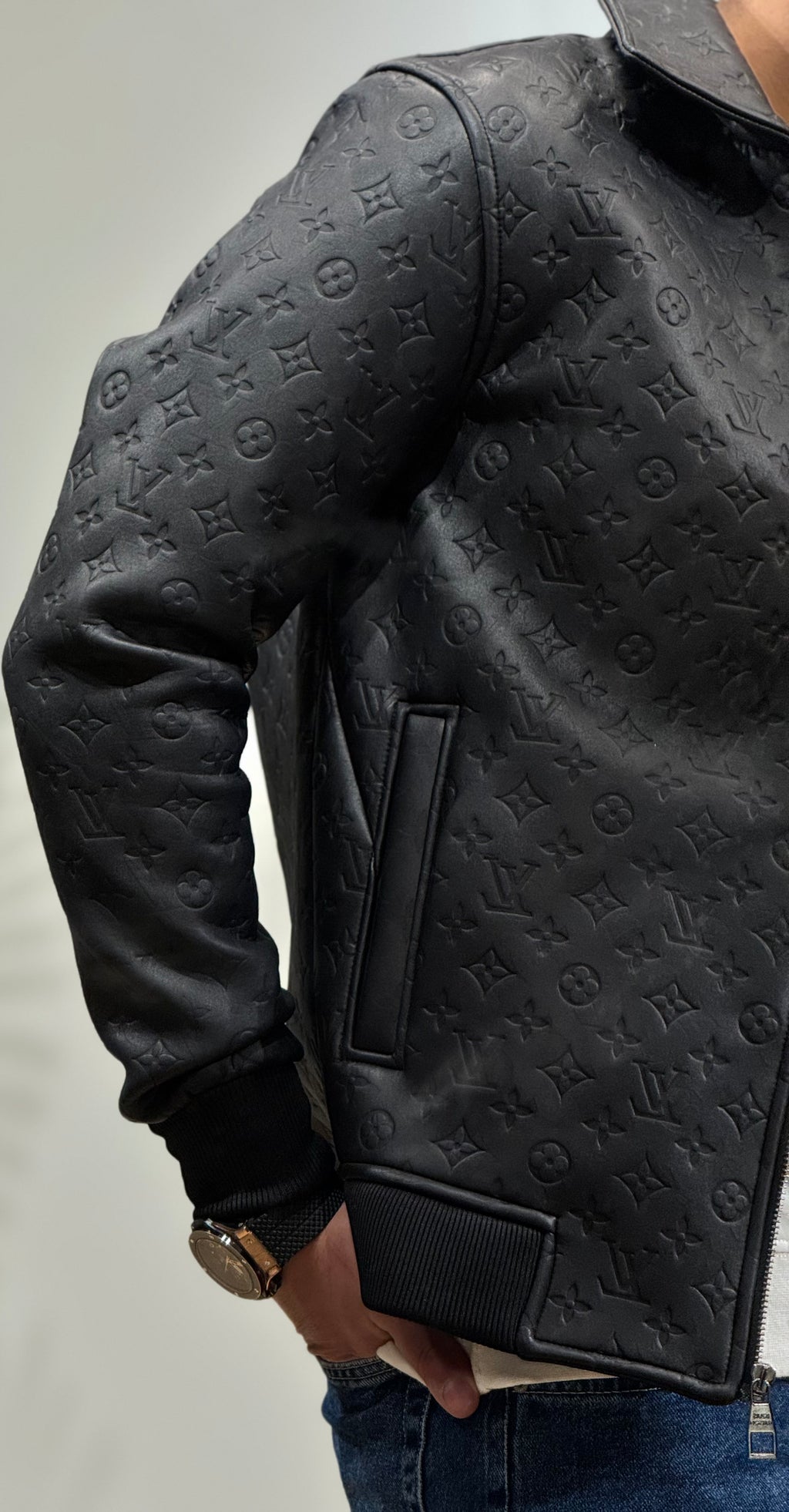 Men’s Black Embossed Leather LV Jacket