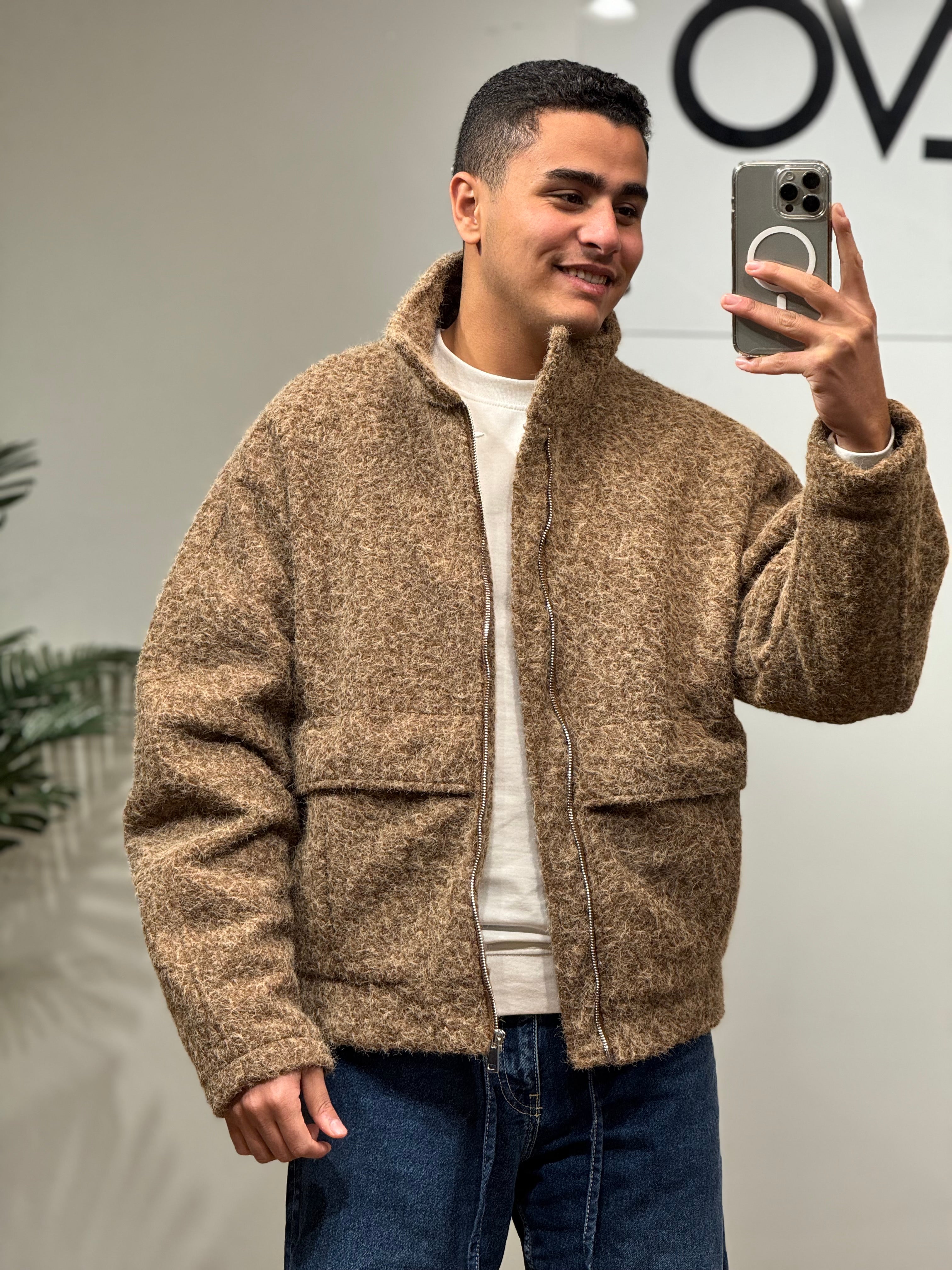Textured Sherpa Bomber Jacket - Earth Brown