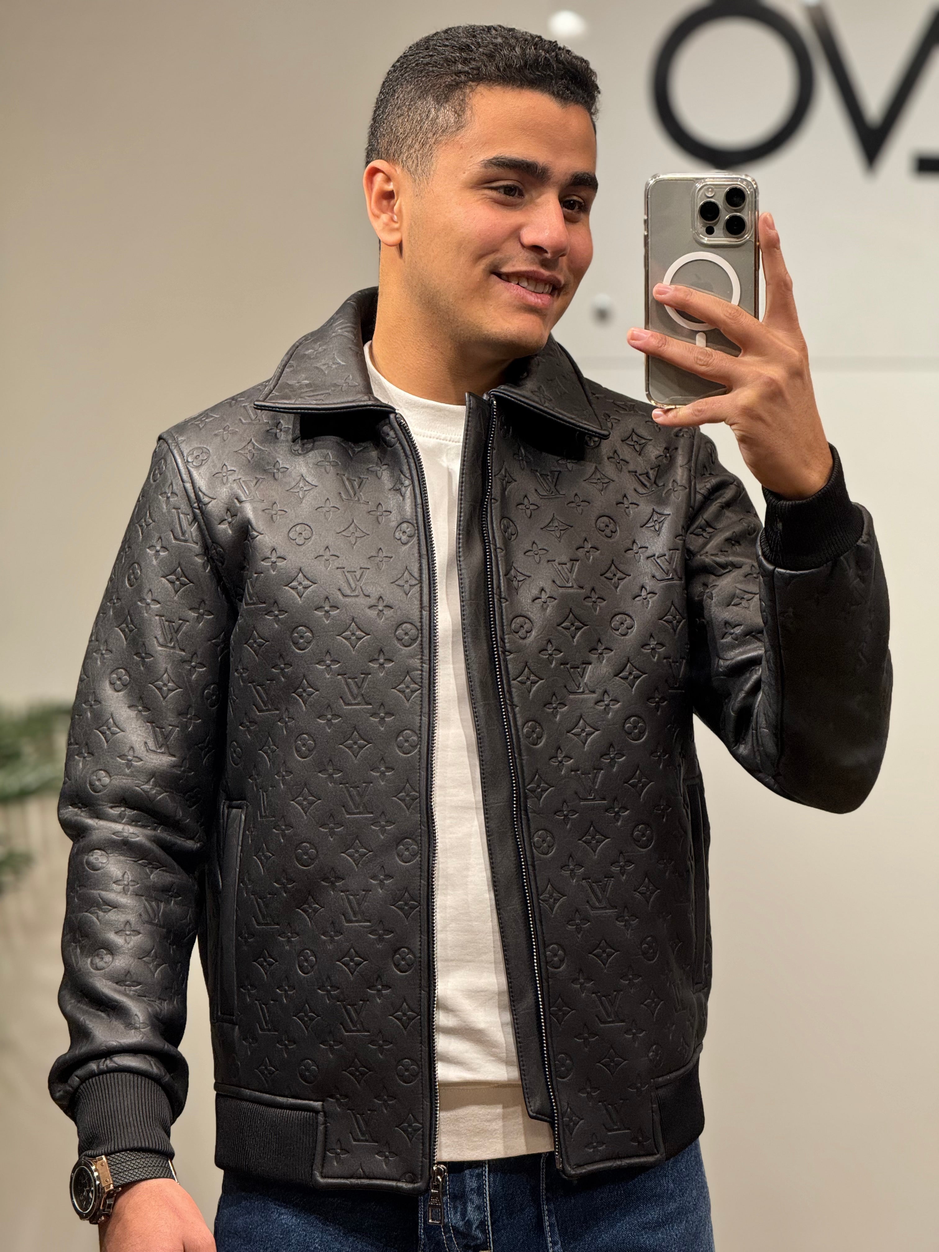 Men’s Black Embossed Leather LV Jacket